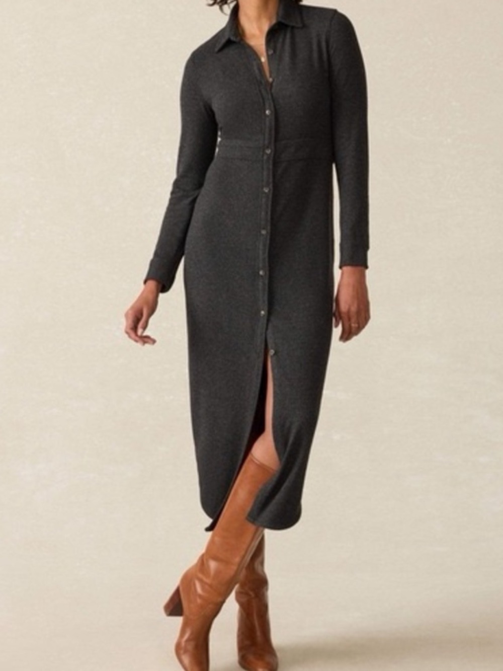 Faherty Legend Sweater Shirt Dress Midi Maxi Heathered Black Twill M